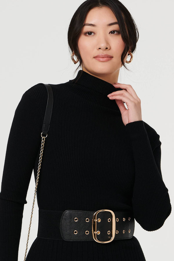 Black | Oval Double Eyelet Stretch Wide Belt
