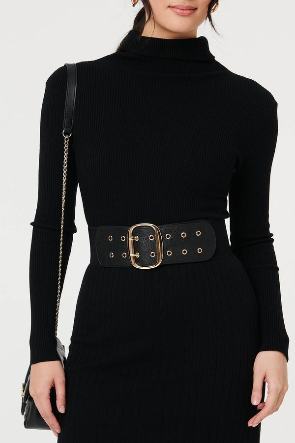 Black | Oval Double Eyelet Stretch Wide Belt
