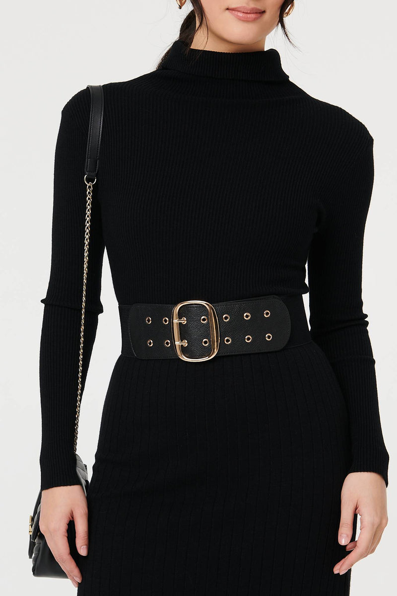 Black | Oval Double Eyelet Stretch Wide Belt
