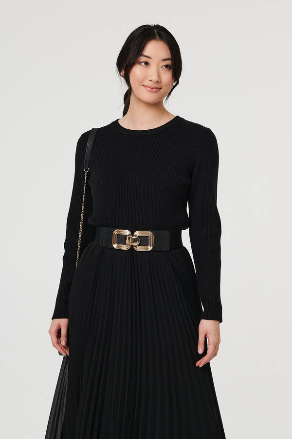 Black | Square Detail Stretch Wide Belt
