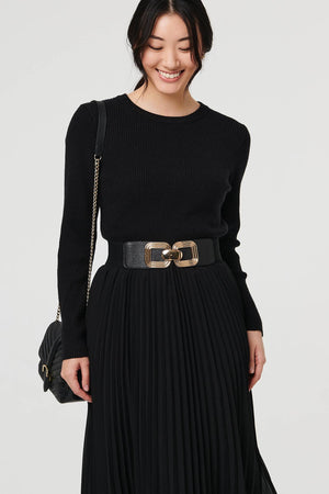 Black | Square Detail Stretch Wide Belt
