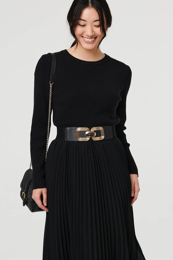Black | Square Detail Stretch Wide Belt
