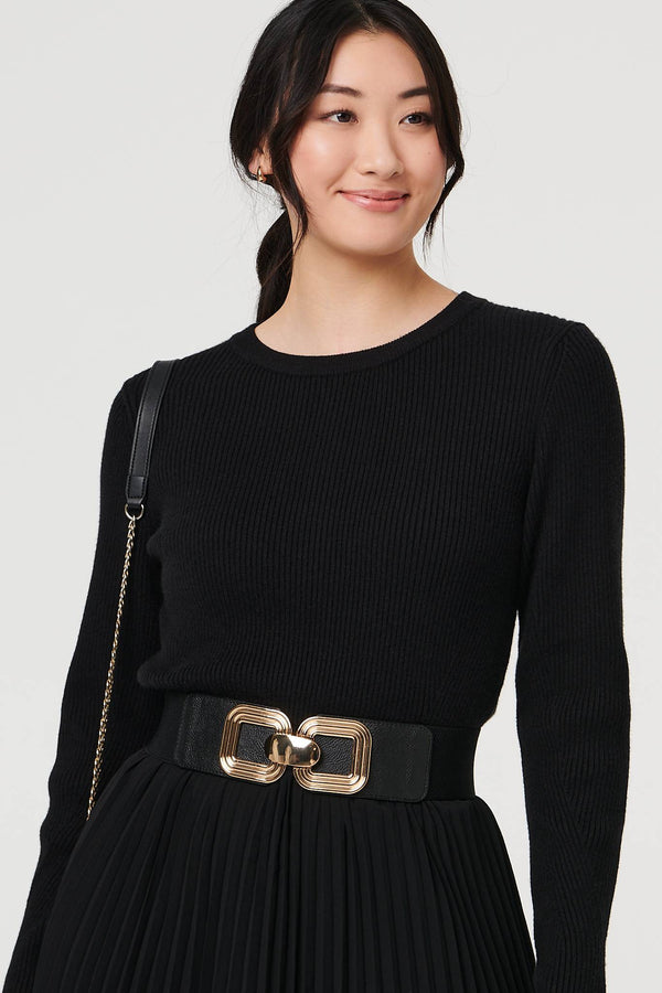 Black | Square Detail Stretch Wide Belt
