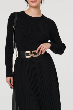 Black | Square Detail Stretch Wide Belt
