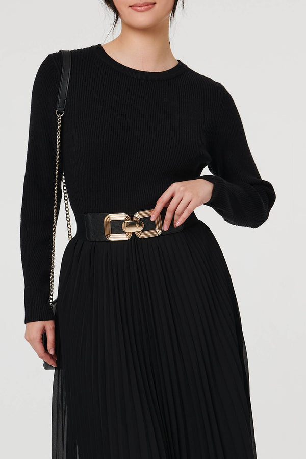 Black | Square Detail Stretch Wide Belt
