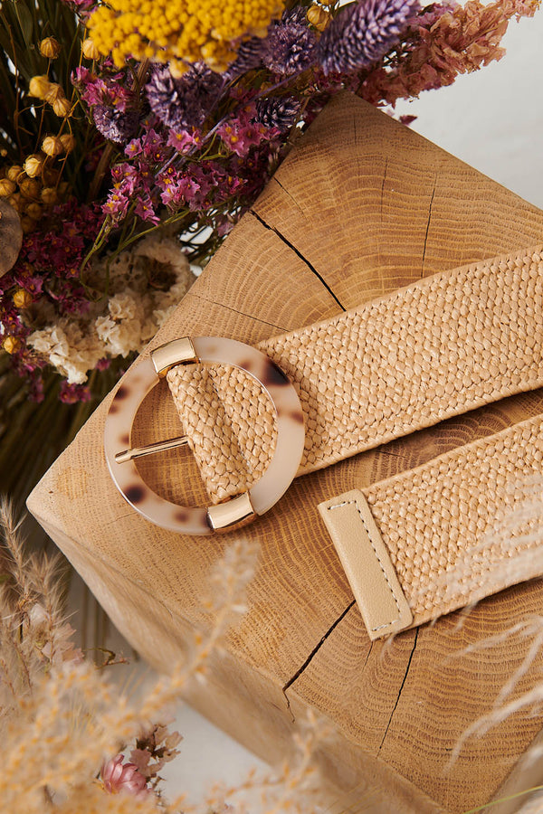 Beige | Woven Textured Circle Buckle Belt