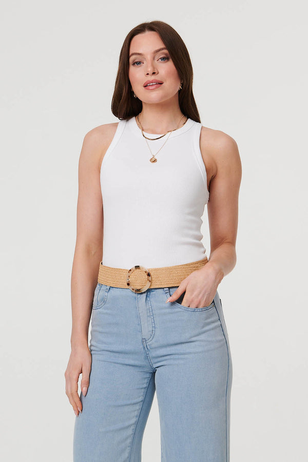 Beige | Woven Textured Circle Buckle Belt