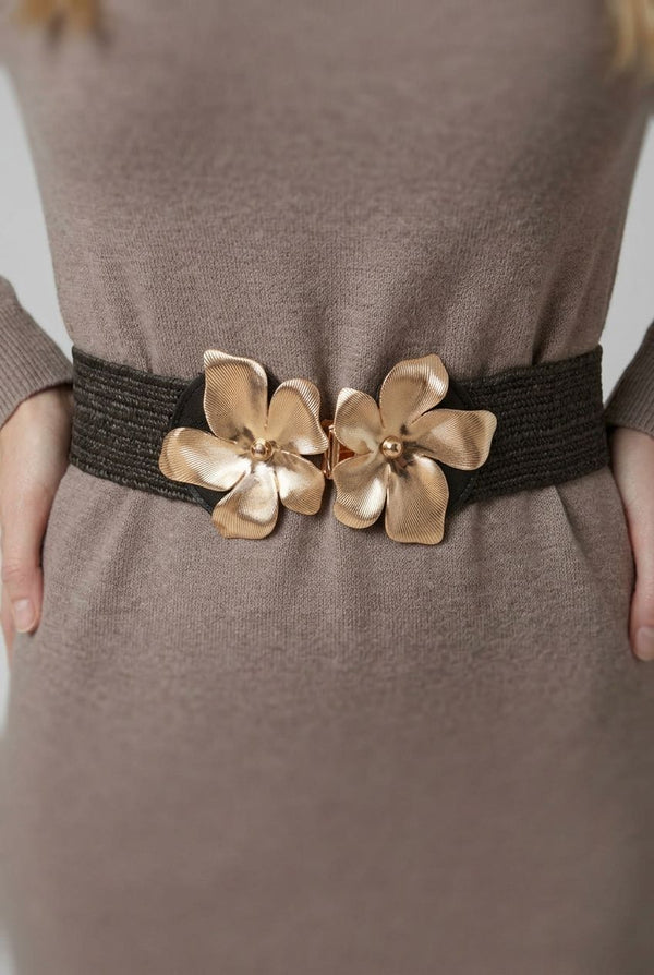 Black | Metallic Floral Buckle Woven Waist Belt