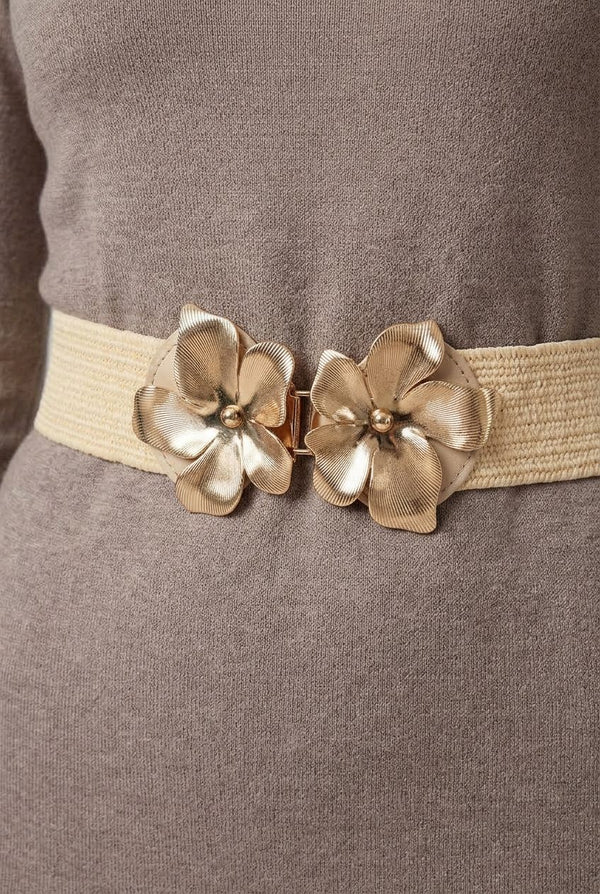 Cream | Metallic Floral Buckle Woven Waist Belt