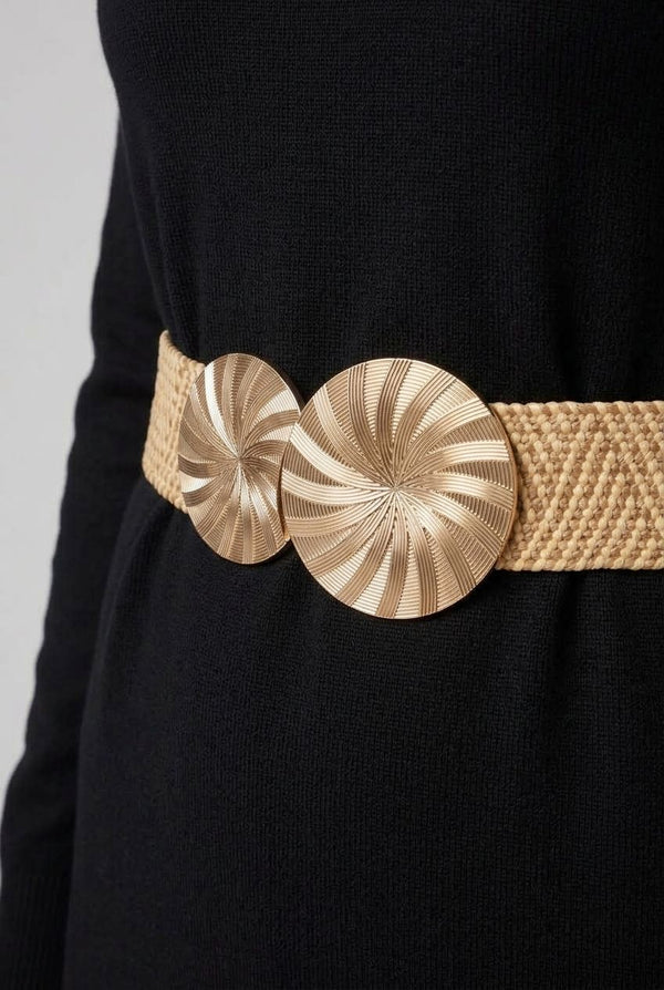Beige | Metallic Circle Buckle Woven Waist Belt
