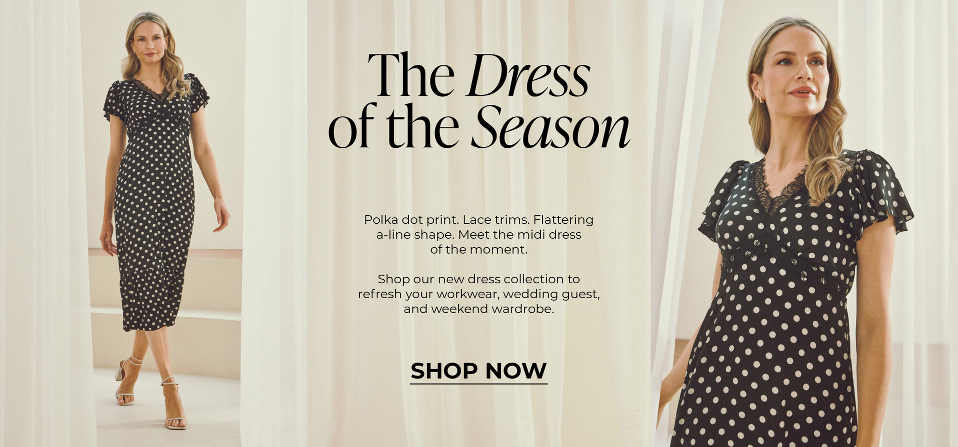 The Dress of the Season: Polka dot print. Lace trims. Flattering a-line shape. Meet the midi dress of the moment.