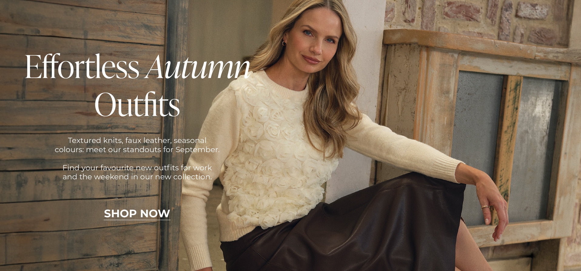 Effortless Autumn Outfits: textured knits, faux leather seasonal colours meet our new season standouts.  Shop New In