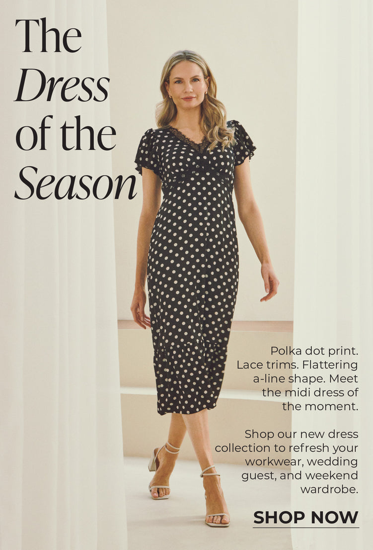 The Dress of the Season: Polka dot print. Lace trims. Flattering a-line shape. Meet the midi dress of the moment.