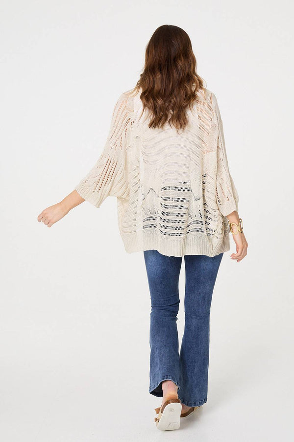 Beige | Sheer Crochet 3/4 Sleeve Open Cardigan
