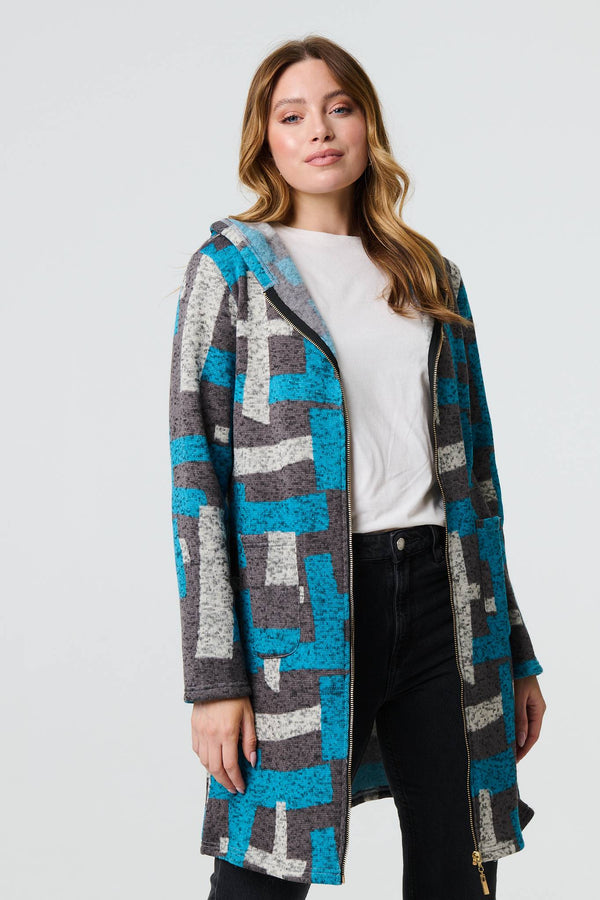 Grey | Geo Print Hooded Longline Zip-Up Jacket
