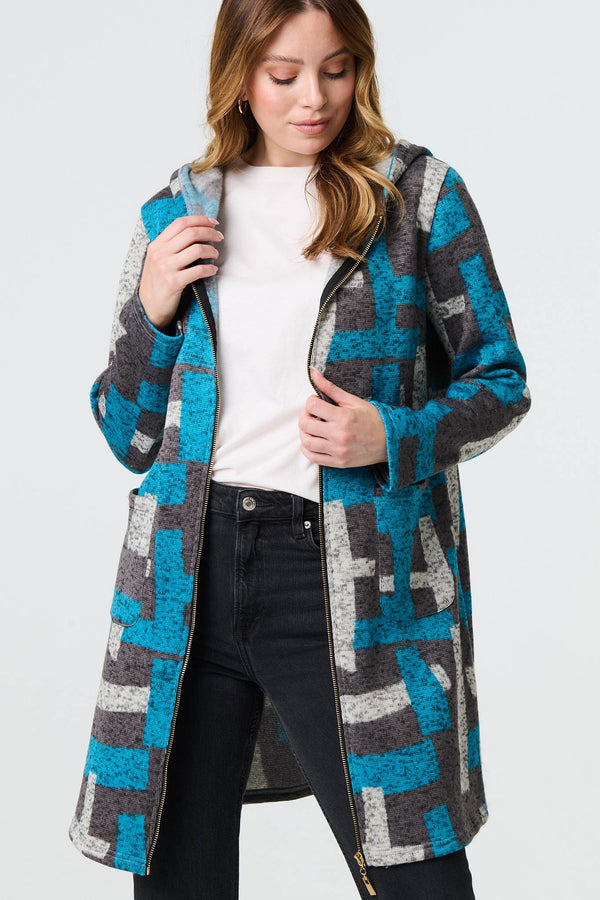 Grey | Geo Print Hooded Longline Zip-Up Jacket

