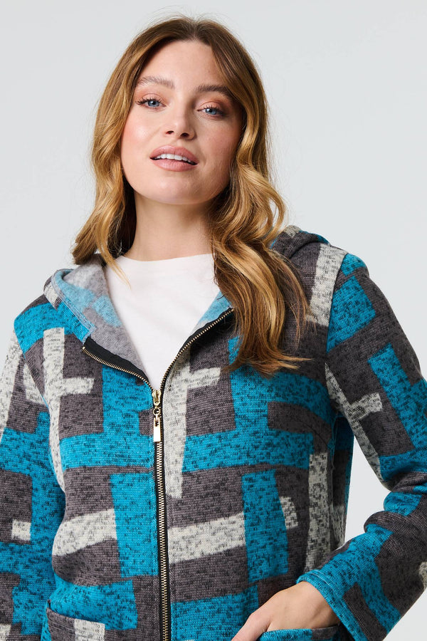Grey | Geo Print Hooded Longline Zip-Up Jacket
