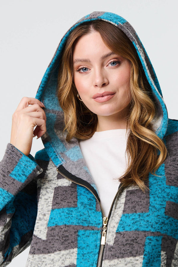 Grey | Geo Print Hooded Longline Zip-Up Jacket
