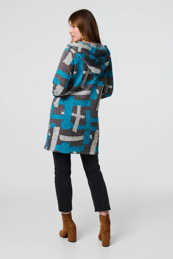 Grey | Geo Print Hooded Longline Zip-Up Jacket
