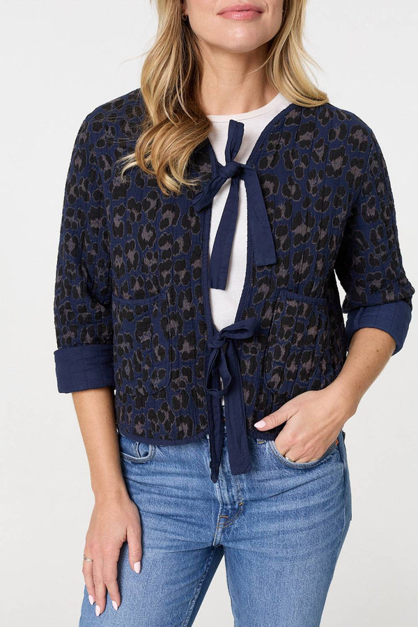 Navy | Animal Print 3/4 Sleeve Tie Front Cardigan
