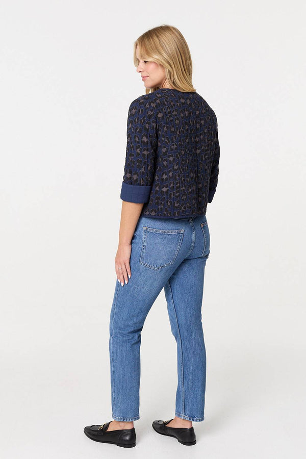 Navy | Animal Print 3/4 Sleeve Tie Front Cardigan
