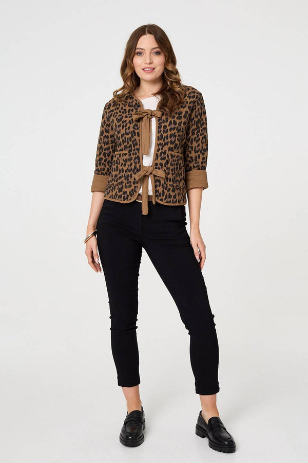 Cream | Animal Print 3/4 Sleeve Tie Front Cardigan
