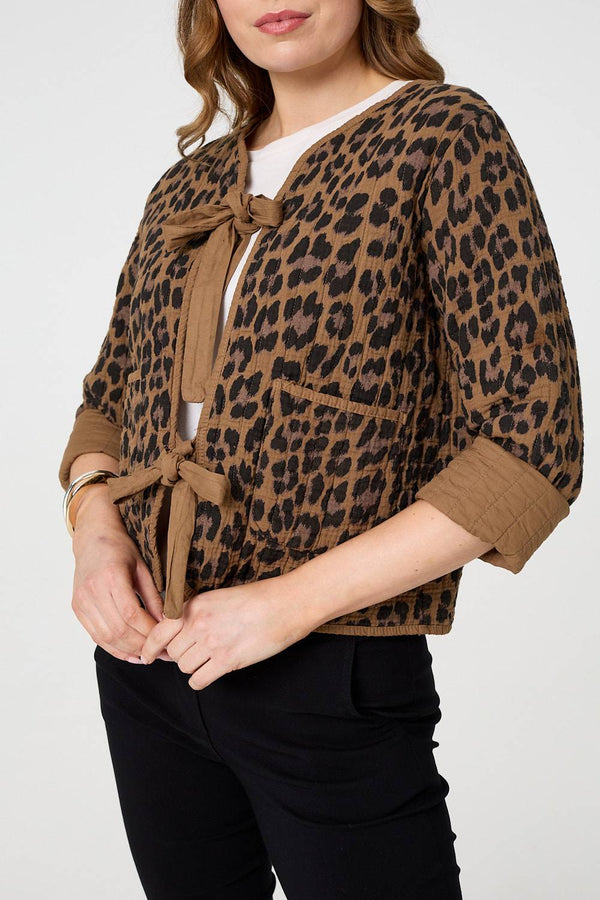 Cream | Animal Print 3/4 Sleeve Tie Front Cardigan
