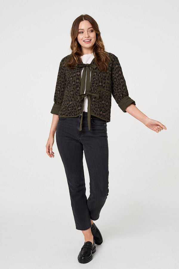 Khaki | Animal Print 3/4 Sleeve Tie Front Cardigan
