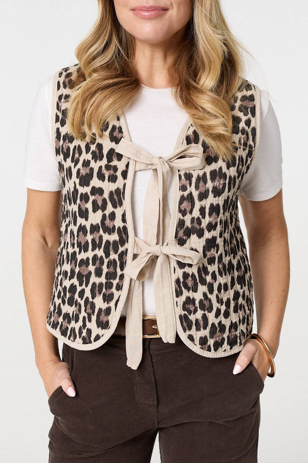 Beige | Animal Print Sleeveless Tie front Vest
