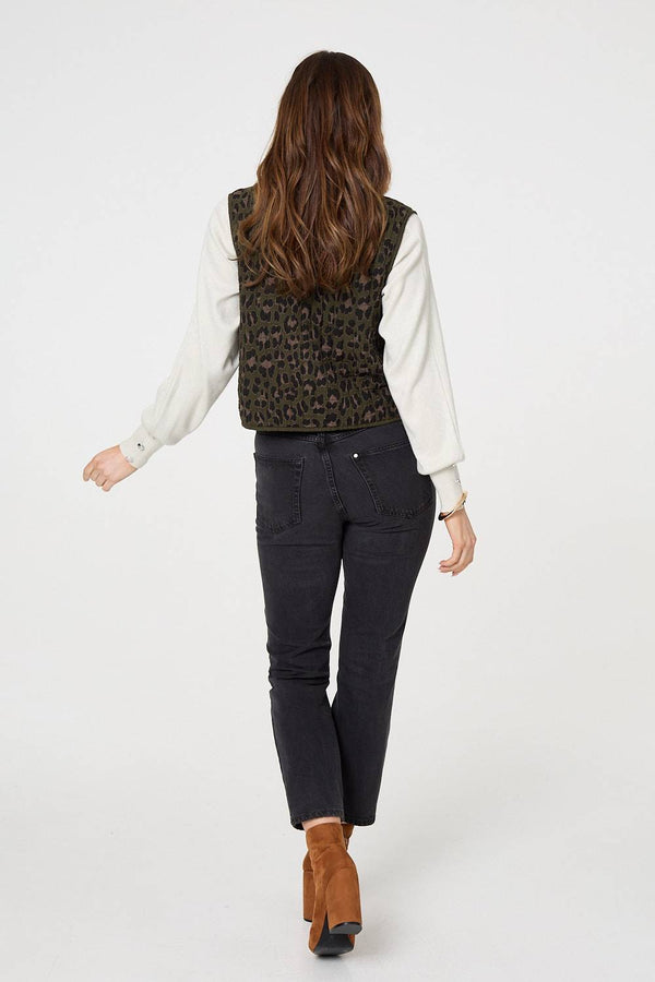 Khaki | Animal Print Sleeveless Tie front Vest

