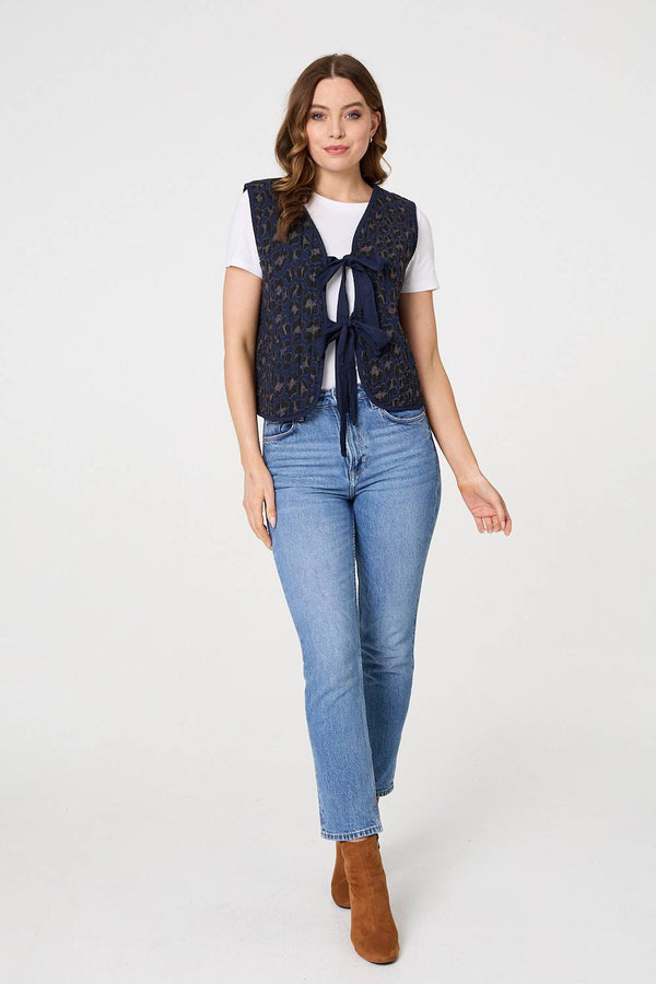 Navy | Animal Print Sleeveless Tie front Vest
