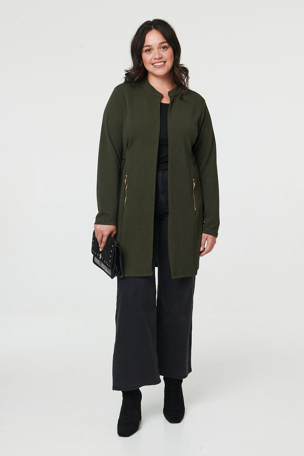 Khaki | Curve Open Front Longline Knit Jacket