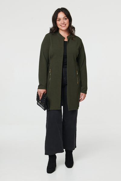 Khaki | Curve Open Front Longline Knit Jacket