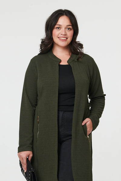 Khaki | Curve Open Front Longline Knit Jacket