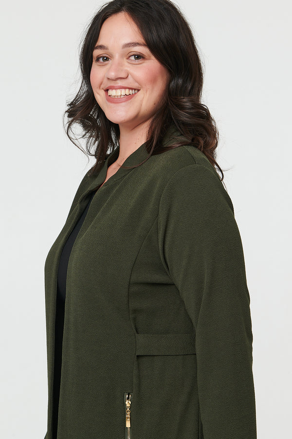 Khaki | Curve Open Front Longline Knit Jacket