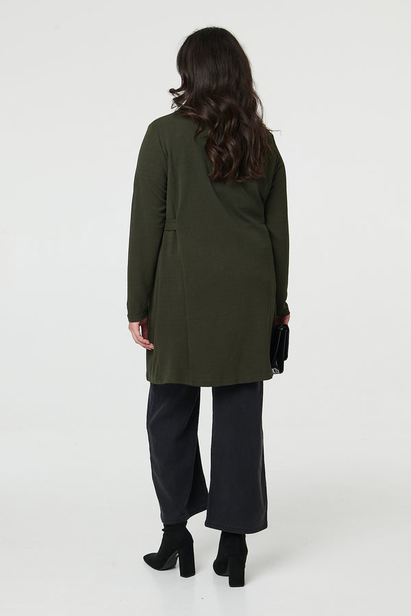 Khaki | Curve Open Front Longline Knit Jacket