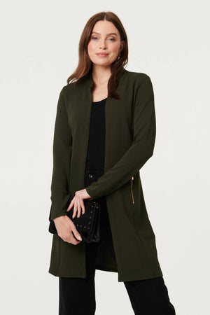 Khaki | Open Front Longline Coatigan : Model is 5'9