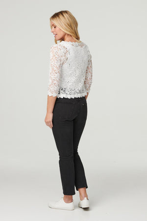 White | Sequin Lace Open Front Cardigan