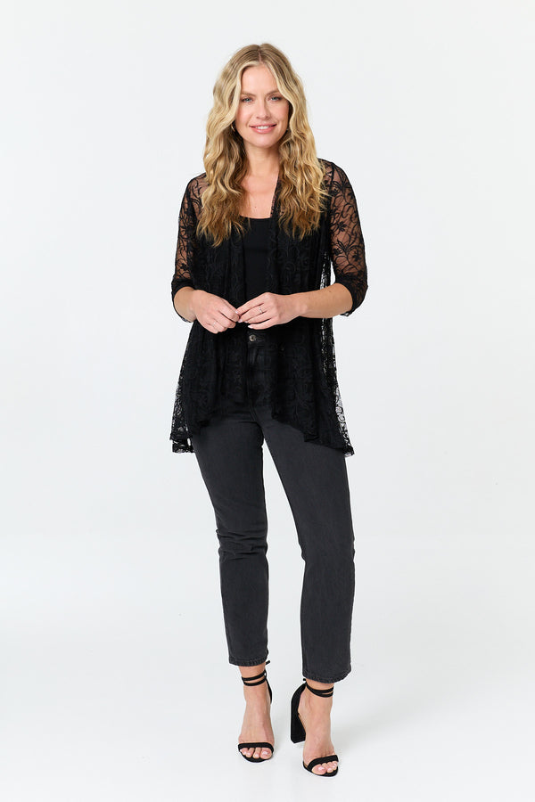 Black | Longline Lace Texture Waterfall Cardigan