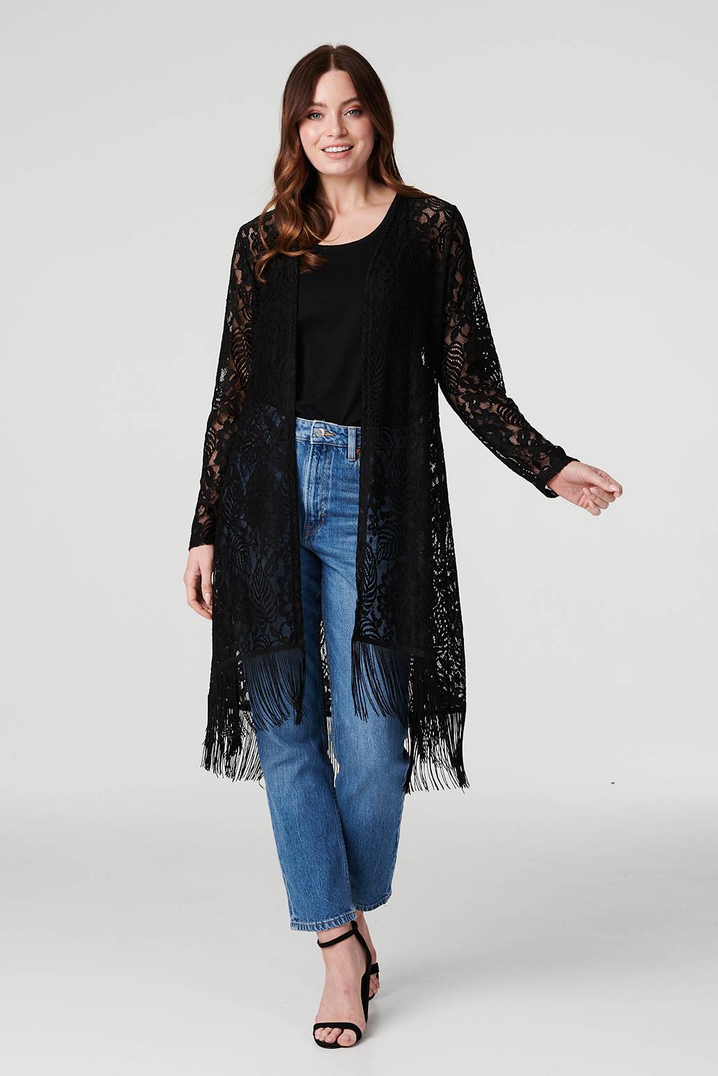 Black | Lace Open Front Fringed Cardigan