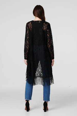 Black | Lace Open Front Fringed Cardigan