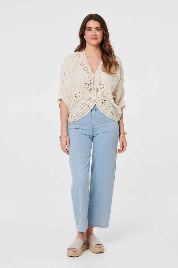 Beige | Crochet 3/4 Sleeve Relaxed Cardigan