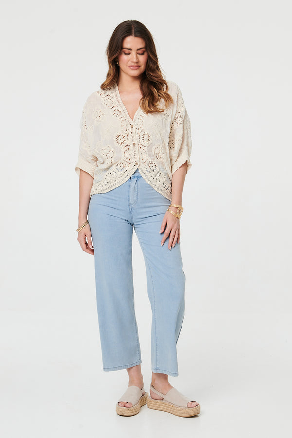 Beige | Crochet 3/4 Sleeve Relaxed Cardigan