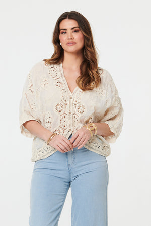 Beige | Crochet 3/4 Sleeve Relaxed Cardigan