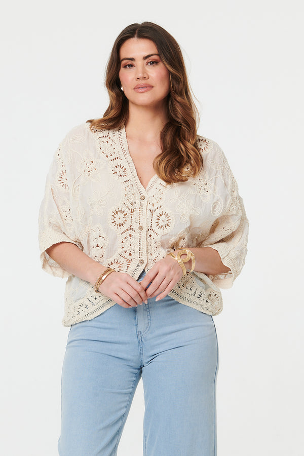 Beige | Crochet 3/4 Sleeve Relaxed Cardigan