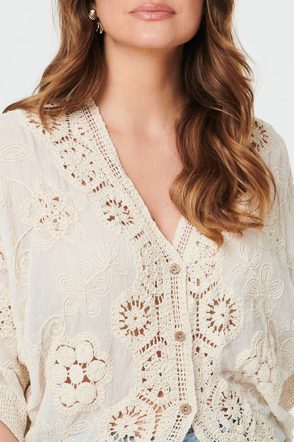 Beige | Crochet 3/4 Sleeve Relaxed Cardigan