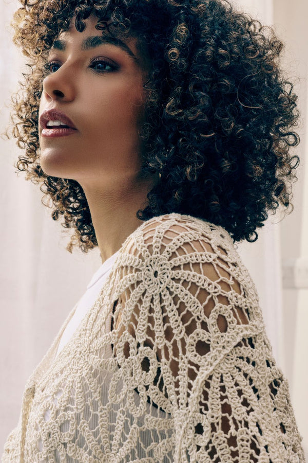 Beige | Floral Crochet Mesh Textured Cardigan : Model is 5'8"/172 cm and wears UK8/EU36/US4/AUS8