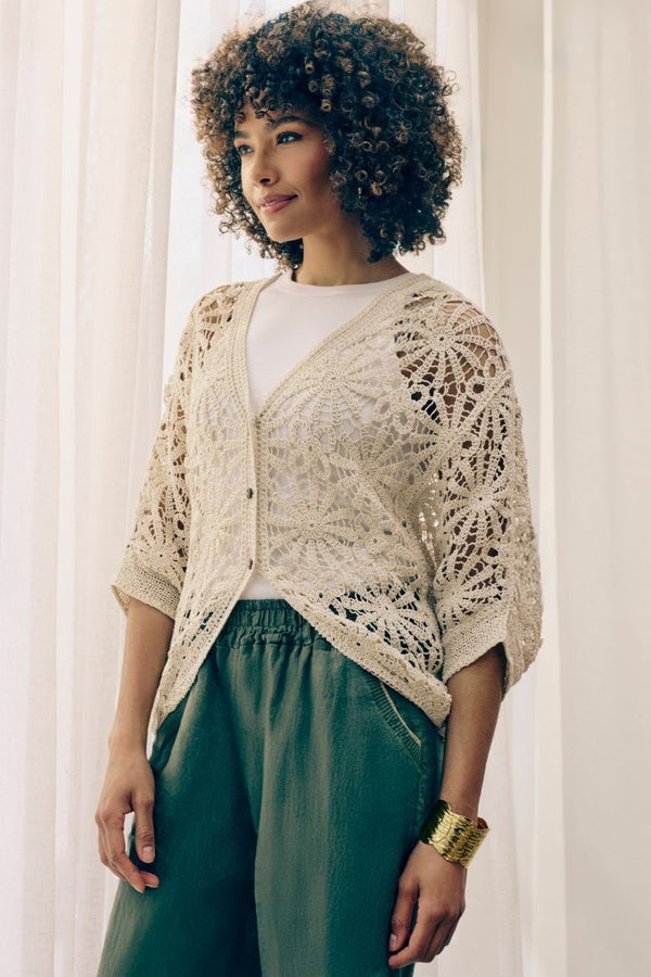 Beige | Floral Crochet Mesh Textured Cardigan : Model is 5'8"/172 cm and wears UK8/EU36/US4/AUS8