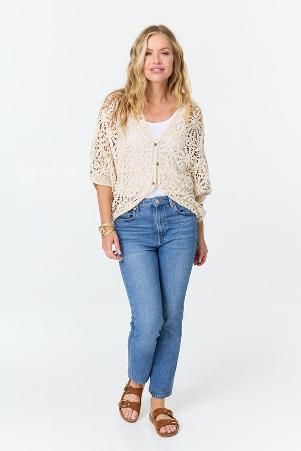Beige | Floral Crochet Mesh Textured Cardigan