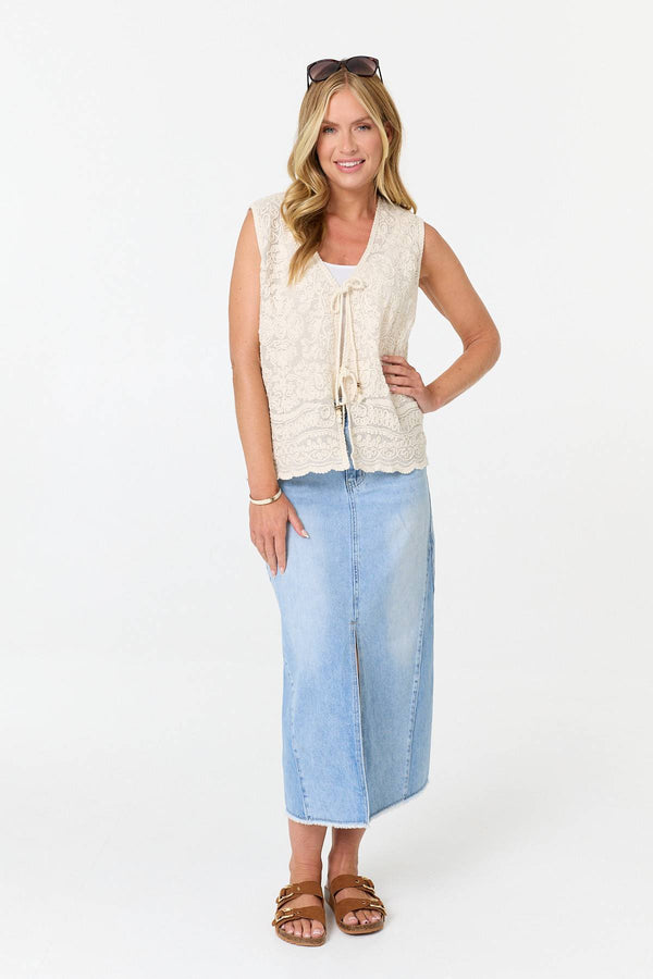 Ivory | Embroidered Texture Tie Front Vest Top